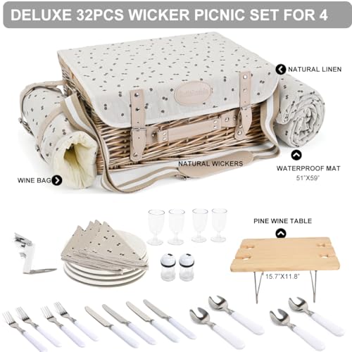 Multifunctional Wicker Picnic Basket Set for 4 with Blanket and Picnic Table, Insulated Picnic Set with Full Tablewares for Camping Outdoor Couples,Cherry - color: Cherry With Blanket &Table for 4