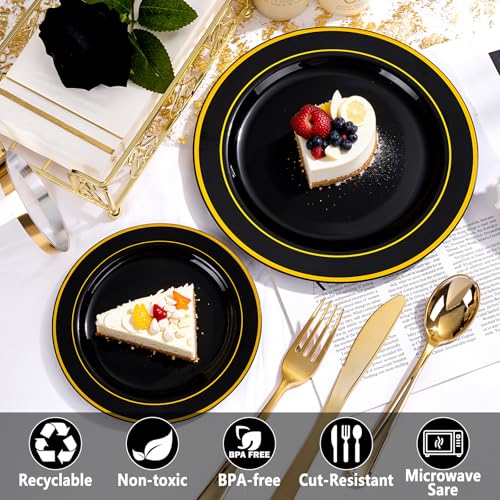 GATHER 700PCS Black Plastic Plates - Gold Disposable Plastic Dinnerware Set Include 200 6.3inch/9inch Black Plates, 300 Silverware, 100 Napkins, 100 Cups for Party & Wedding & Birthday - color: Black, size: 100 Guests