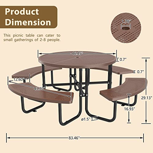 46-inch Brown Round Outdoor Picnic Table with Umbrella Hole - Heavy Duty Coated Steel Metal Patio Dining Set for Garden, Courtyard, BBQ & Commercial Use - color: Coffee-round