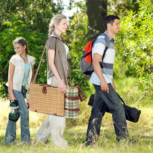 Picnic Basket for 2 with Blanket, Willow Picnic Basket Set with Shoulder Strap&Wine Pouch, Large Willow Hamper with Insulated Cooler for Outdoor, Camping, Beach, Couples, Wedding Gift - color: Green and Yellow Grid