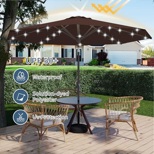9FT Patio Umbrella with Solar Lights,Outdoor Market Umbrella with Tilt and Crank, LED Lighted Table Umbrella for Garden,Deck,Backyard,Pool,Beach (Brown) - color: Brown