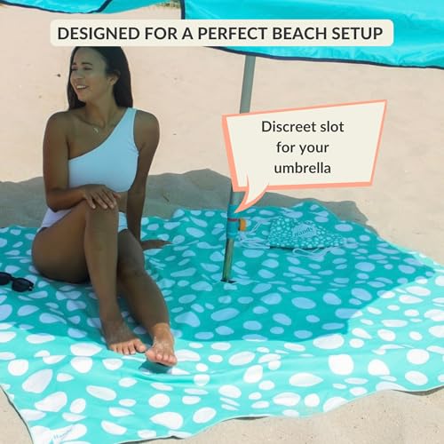 Plush Microfiber Beach Blanket, Extra Large Beach Mat for 3-6 Persons, Sandproof, Windproof | Hole for Umbrella, Corner Sand Pockets to Fight Wind (Bag for Blanket Included) - color: Teal & Dots, size: X-Large