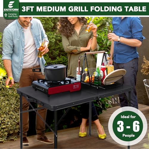 E EASTSTORM 35 inch Folding Table for 4 Person, Heavy-Duty Metal Tabletop, 2 Adjustable Height Camping Table, Portable Outdoor Table with Carrying Handle,for Patio, Picnic, Parties, BBQs, Black - color: Black-35inch