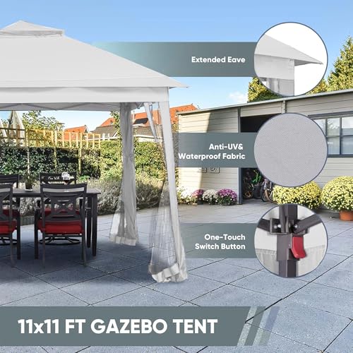 11x11 FT Gazebo Tent, Outdoor Tents for Parties with Mosquito Netting, Folding Heavy Duty Height Adjustable Canopy Tent for Patio Backyard Garden (White) - color: White