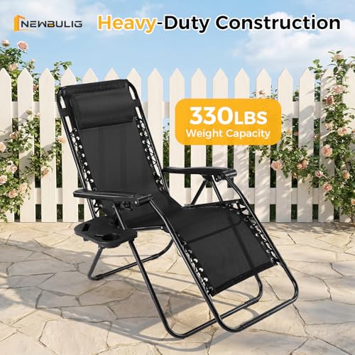 NEWBULIG Zero Gravity Chair Set of 2, Lounge Chair Folding Portable Adjustable Camping Reclining Chairs with Adjustable Pollow, Mesh Back, Cup Holder Trays Lawn Patio Chair for Pool Beach - Black - color: Modern Black, size: 2 Pack