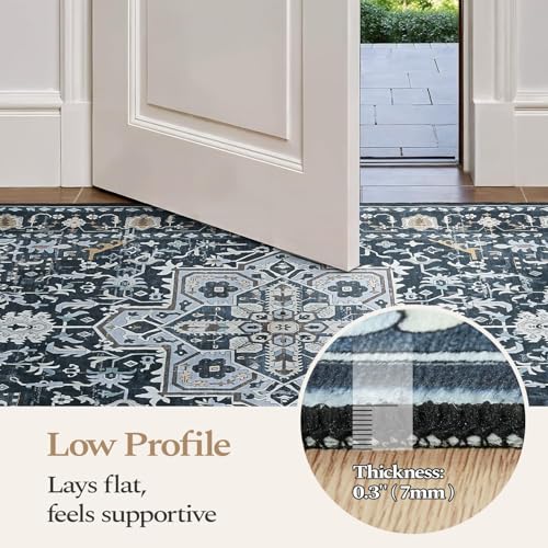 Rugflix 2x6 Runner Rug for Hallway, Washable Kitchen Runner Non Slip, Vintage Low Pile Entryway Carpet, Soft Stain Resistant Long Laundry Room Rug for Stairs, Bedroom, Navy Blue - color: Navy Blue, size: 2' x 6' (Runner)