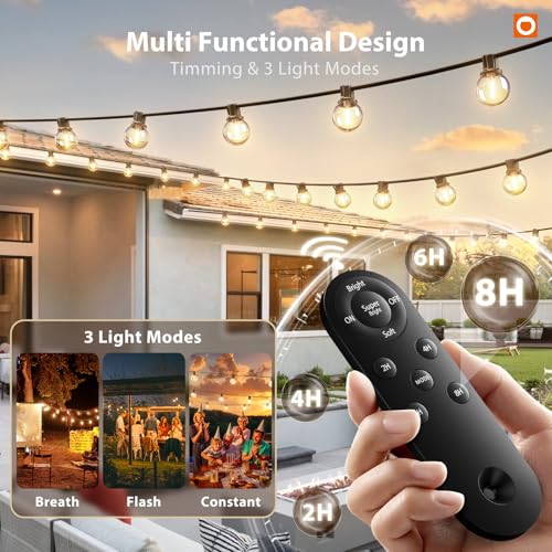 addlon 198FT(192+6) Solar String Lights Outdoor Waterproof, 60+4 LED Shatterproof Bulbs with Remote, 3 Light Modes, Dimmable, Timable, G40 Patio Lights for Large Backyard, Garden, Wedding Party Decor - size: 192+6FT