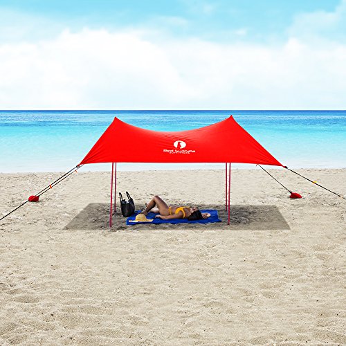 Red Suricata Family Beach Tent & Beach Canopy, UPF50 Sun Beach Shade, Sunshade with 4 Aluminum Poles, 4 Pole Anchors & Sand Shovel, Medium & Portable Sun Shelter Tarp (Medium, Red) - color: Red, size: Medium 7' x 7'