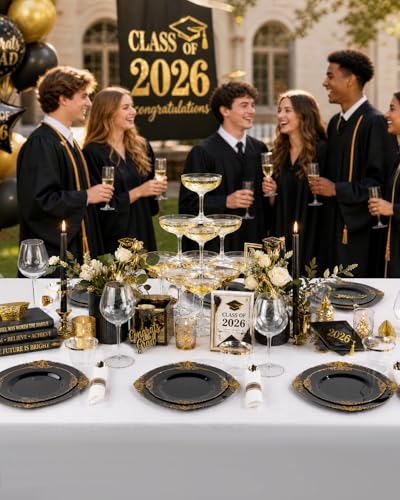 Nervure 350PCS Black Plastic Plates - Black Plastic Dinnerware Sets for 50 Guests - 100 Disposable Plates, 150 Gold Silverware, 50 Cups, 50 Napkins for Wedding & Party & Graduation & Retirement - color: Black
