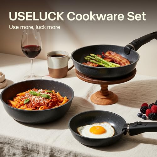 Pots and Pans Set Non Stick, Ceramic Cookware Sets 21 PCS, Granite Induction RV Kitchen Portable Stackable Cooking Set Removable Handles, Dishwasher ＆ Oven Safe, Black