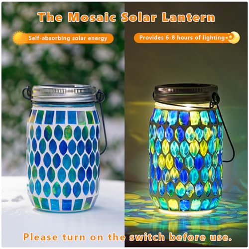 Starsoul Solar Lanterns Outdoor Waterproof, Decorative Teal Mosaic Glass Outdoor Lantern, Hanging Solar Garden Lights for Outside Pathway Patio Porch Yard Table, Gifts for Women Mom Grandma - color: Teal