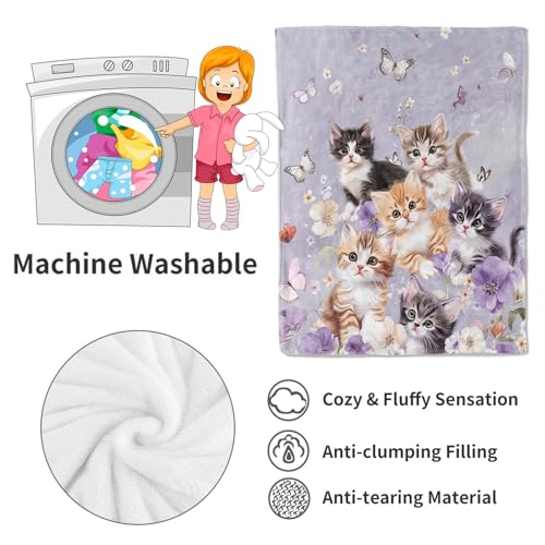 Adorable Kitten Blanket Cute Cat and Butterfly on Lavender Throw Blankets Gifts for Girls Women Adults Lightweight Soft Fleece Cozy for Sofa Couch Bed Room Travel Birthday Decor 50x60in - color: Cat, size: 50x60in