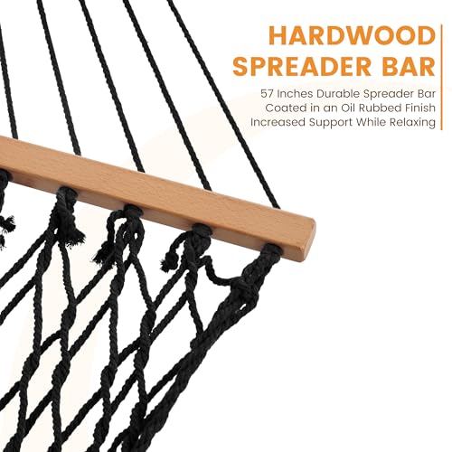 Lazy Daze Hammocks 12FT Double Rope Hammocks, 2 Person Hand Woven Cotton Hammock with Spreader Bar, Carabiner, Tree Strap, Chain for Outside, FIT 13-15 FT Stand, Max 450 Lbs, Black - color: Black