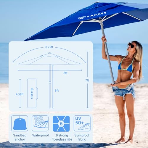 AMMSUN 8ft Large Beach Umbrellas for Sand Heavy Huty Wind Portable Commercial Grade Patio Beach Umbrella with Sand Anchor Adjustable Height Air Vent UPF 50+ Telescoping Pole without tilt Dark Blue - color: Dark Blue