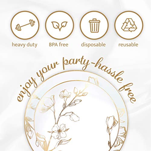 PLASTICPRO 128 Piece Combo Plates Set includes 64 7'' inch Plates & 64 10'' inch Plates White Plastic Floral Design Party Plates With Gold Rim, Premium Elegant, Tableware, Dishes, - size: 128 Plates (64 sets)
