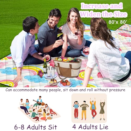 Extra Large Picnic Blanket Waterproof,80"x 80"Foldable Machine Washable Beach Blanket,Outdoor Blanket for 6-8 Adults,Picnic Mat Suitable for Indoor Crawling,Park Beach,Camping,Hiking,Travel (Rainbow) - color: Pink Rainbow, size: 6'8" x 6'8" (Square)