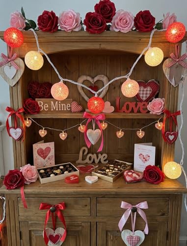 Red Pink and White Cotton Ball String Lights, 8.5Ft Valentine's Day Plug in Fairy Lights with 10 LED Colored Cotton Ball Bulbs, Hanging Globe Cozy Lighting for Girls Bedroom Party Birthday Home Decor - color: Pink Red White Cotton Ball