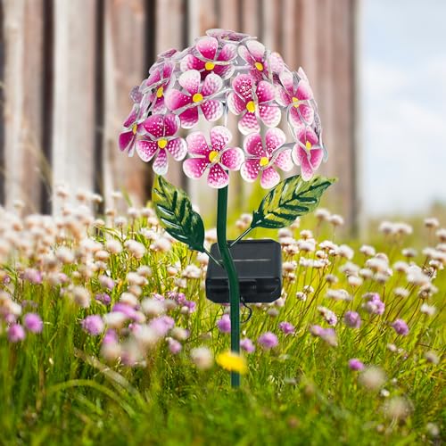 Solar Hydrangea w/26 LED Lights, Metal Ground Stake, 3 Colors - Pink - color: Pink