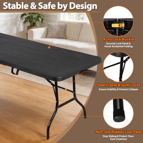 ZENY 8 Feet Plastic Folding Camping Table, Portable Indoor Outdoor Party Picnic Dining Table for Garden Soccer Party Wedding Multipurpose Entertaining Activities (Black) - color: Black, size: 95'' x 30"