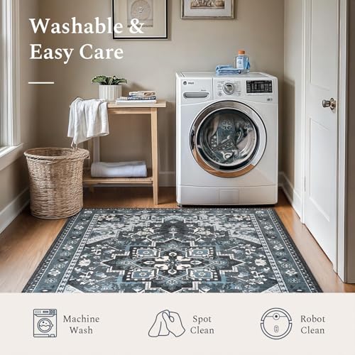 Rugflix 10x14 Area Rugs Machine Washable, Dark Navy Blue Carpet for Living Room, Oriental Indoor Area Rug Low Pile, Large Soft Thick Carpets Non Slip, Farmhouse Vintage Rug for Bedroom Dining Room - color: Blue, size: 10' x 14' (Rectangular)