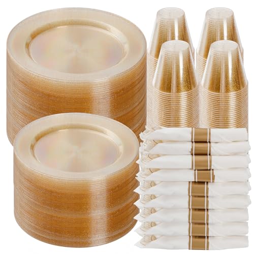 Goodluck 700 Piece Gold Glitter Plastic Dinnerware Set for 100 Guests, Disposable Plates for Party, Include: 100 Dinner Plates, 100 Dessert Plates, 100 Pre Rolled Napkins with Silverware, 100 Cups - color: Gold Glitter, style: 700 Piece (100 guests)