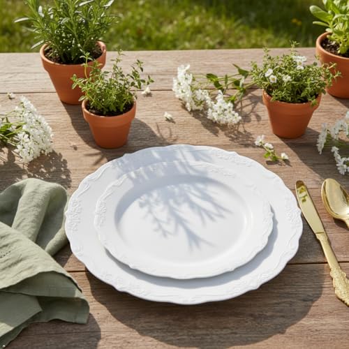 U-QE 100 Pieces White Plastic Plates - White Disposable Plates - Premium Hard Plastic Disposable Plates for Wedding and Party Use Including 50 Dinner Plates 10 '' & 50 Dessert Plates 7.5 '' - color: White