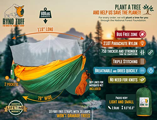 Ryno Tuff X-Large 2 Person Camping Hammock with Mosquito Net - Compact Double Hammock with Bug Net, Pocket, Tree Straps & Heavy Duty Carabiners - Parachute Grade Nylon Can Hold Over 600lbs of Weight - color: Mosquito Net