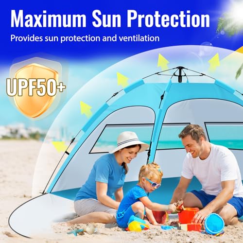 Beach Tent Sun Shelter – Pop Up Easy Setup in 3S Instant Tents for 4/5 Person Beach Umbrella Sun Shelter Shade, UV 50+ Protection, Wind Resistant, Lightweight Portable Baby Tents Shade for Family