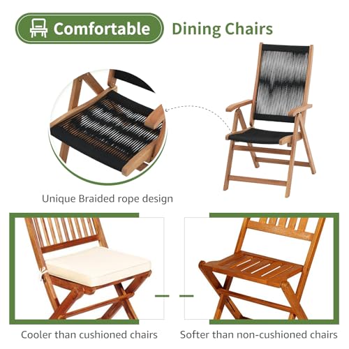 OC Orange-Casual 7 Pieces Patio Dining Set Outdoor Furniture with 6 Foldable Acacia Wooden and Rope Chairs and Large Table for Outdoor,Yard, Garden, Porch, Black - color: Black