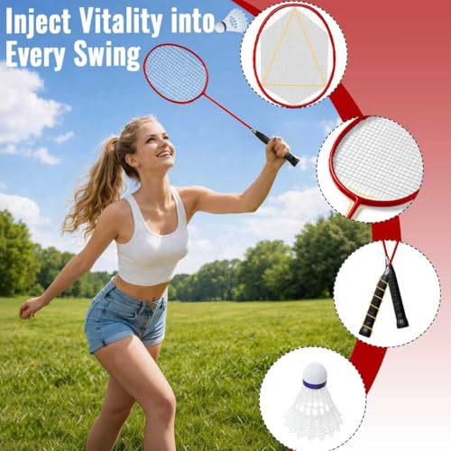 Backyard Badminton Set: Portable Outdoor Net with 4 Performance Rackets, 3 Shuttlecocks & Boundary Line - Complete Heavy-Duty Set for Family Lawn, Grass & Beach Games - color: Red