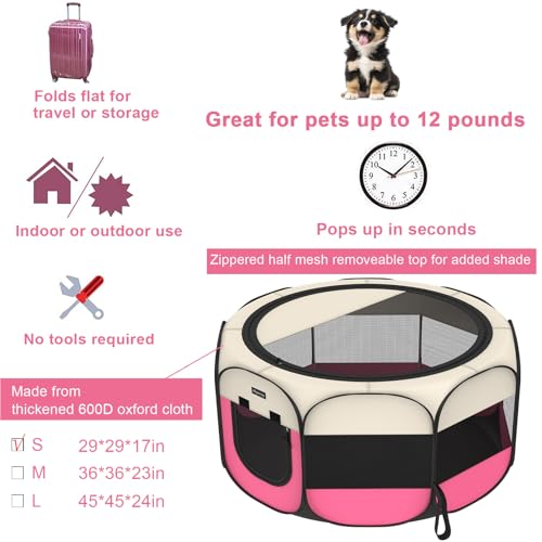 Portable Pet Puppy Dog Cat Playpen, 8-Panel Indoor/Outdoor Puppy Pen with Shade Cover & Travel Bag - Waterproof Dog Cat Tent - color: Pink, style: Small (29"x29"x17" with free bonus)