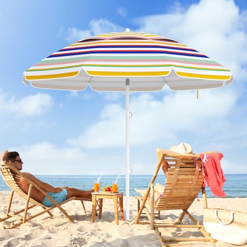 6.5 FT Beach Umbrella, Outdoor Umbrella Sun Shelter with 30° Adjustable Tilt, UPF 50+ Sun Protection, Carrying Bag, Vented Top & Sharp Anchor, Stripe Sunshade Parasol for Garden, Pool, Yard, Beach