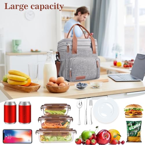 Lunch Box & Lunch Bag for Women Men, Expandable Large Insulated Adult Lunch Bag with Strap, Double Deck Leakproof Lunchbox Durable Cooler Bags for Work Picnic Beach,16L, Gray - color: Gray