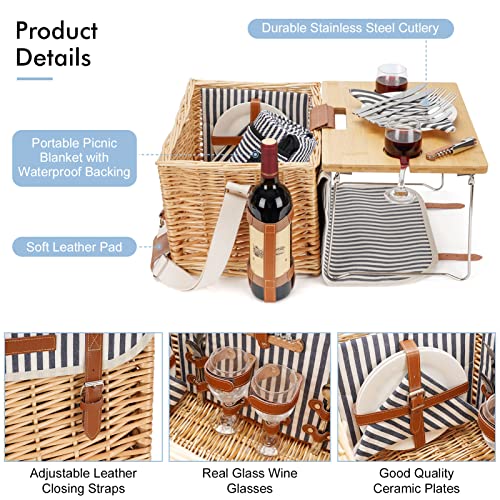 Wicker Picnic Basket for 2 with Detachable Table, Elasticated Wine Holder, Shoulder Carrying Willow Picnic Hamper Set with Premium Tableware & Blanket for Outdoor, Wedding, Anniversary, Birthday Gift - size: M for 2P-Traditional
