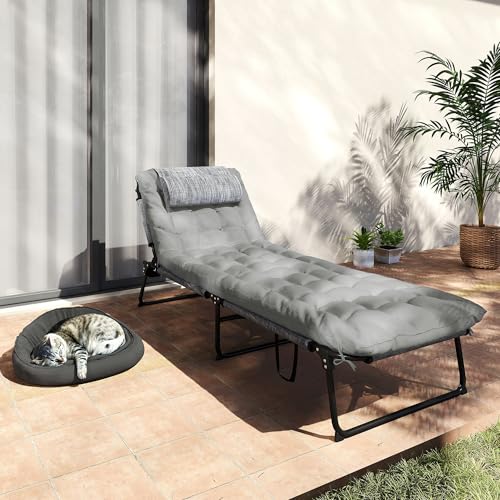 Outsunny Folding Chaise Lounge with 4-Level Reclining Back, Outdoor Tanning Chair with Cushion, Outdoor Lounge Chair with Breathable Mesh Fabric, Side Pocket, Headrest, Gray - color: Grey