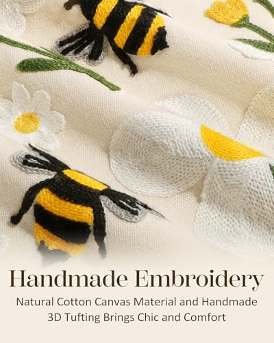 Embroidered Lumbar Pillow Cover 20x12 Inch - Spring Summer Boho Decorative Pillow Cover with Zipper for Living Room Couch Sofa Bed Aesthetic Design Flower Bee Cushion Pillowcase - color: Flower Bee, size: 20" x 12" (Pack of 1)