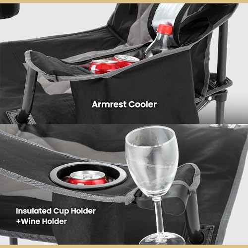 ARROWHEAD OUTDOOR Portable Deluxe Folding Camp Quad Chair w/Headrest, Glass & Cup Holders, Armest 6-can Cooler, Heavy Duty Carry Bag, 550 lbs Weight Capacity