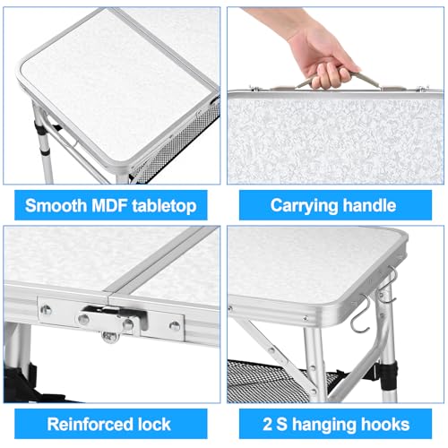 YUFIFAIRY Small Folding Camping Table, 2ft Portable Table with 3 Adjustable Heights, Aluminum Lightweight Foldable Picnic Table with Mesh Layer and Extension Legs for RV, BBQ and Indoor (Silver) - color: Silver