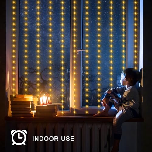 echosari Solar Curtain Lights 7.9ft x 6ft 144 LED Outdoor Curtain Lights Waterproof with Timer 8 Modes for Christmas Garden Patio Fence Wedding Wall Window Gazebo Decor - Warm White - color: Warm White