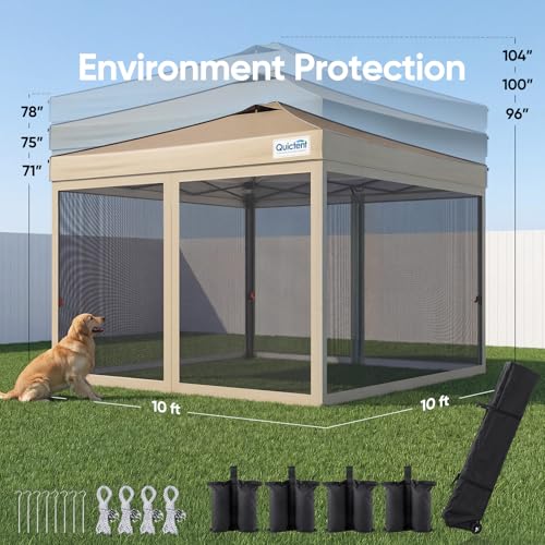 Quictent 10x10 Pop up Canopy Tent with Netting, Auto-Close Magnetic Doors, One Person Instant Setup Screen House Room Tent Screened Waterproof - color: Khaki, size: 10'x10'