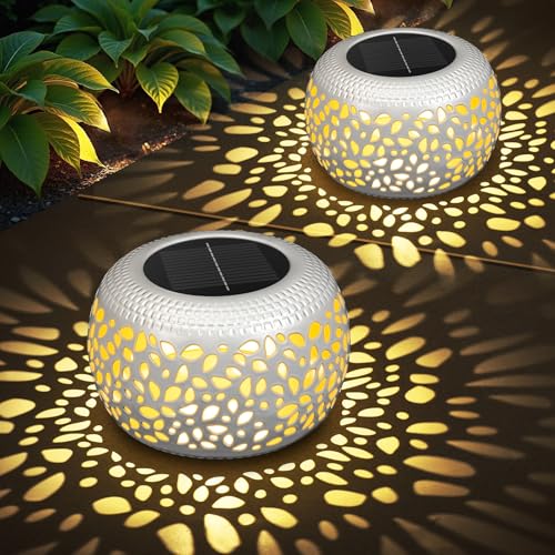 Solar Lanterns Outdoor Waterproof: 2 Pack White Hollow Out Metal Solar Lights - 2 Lighting Colors Outside Garden Yard Porch Indoor Tabletop Retro Decorations - Unique Gifts for Women Mom Wife - size: White 2 Pack