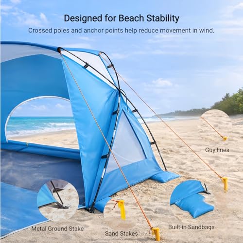 Beach Tent, Portable Sun Shelter for 2/3/4/6-8 Person with UPF 50+ UV Protection, Easy Setup Waterproof Beach Shade Canopy Cabana for Family Outdoor and Picnics, Fishing with Carrying Bag - color: Blue, size: Compact 1-2 Person