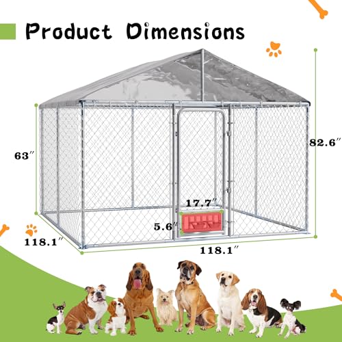 Grepatio Outside Dog Kennel with 2 Rotating Feeder Bowls, 10'x10' Outdoor Dog Kennel with Waterproof, Dog Enclosure for Large Dogs, Dogs Kennels Run Dog Playpen Fence with Secure Lock (10x10 FT) - size: 10x10 FT