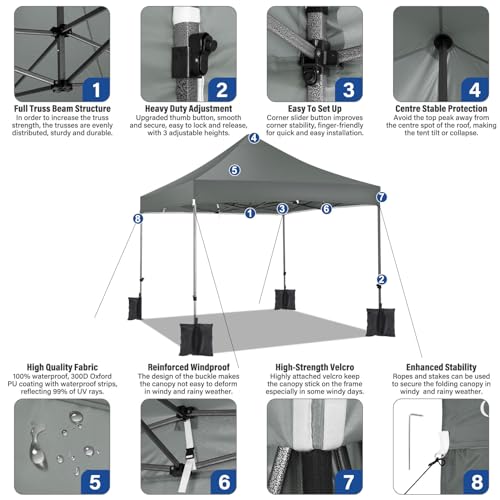 COBIZI 10x10 Heavy Duty Pop Up Canopy Tent with 4 Sidewalls Thicken Frame, Commercial Easy Up Outdoor Wedding Party Tents, All Season Waterproof Windproof with Stakes Sandbags Ropes Roller Bag, Gray - color: Gray, size: 10x10