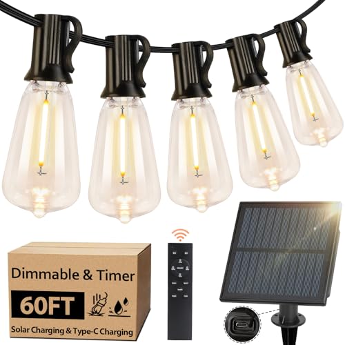 Bosceos Solar Outdoor String Lights Waterproof, 60FT Solar Powered String Lights for Outside with Shatterproof Bulbs, Dimmable ST38 LED Lights String, Patio Hanging Lights for Backyard Garden Party - size: 60FT