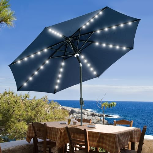 GDY 10Ft Patio Umbrella, Table Umbrella with 40 LED Lights, Outdoor Umbrellas for Patio, with Tilt and Crank, Center Light, for Garden, Deck, Backyard, Pool, and Beach. - color: Navy Blue