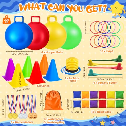 JOY SPOT! Carnival Outdoor Games Combo Set for Kids, 18 Inch Hopper Balls with Handles, Ring Toss, Bean Bags, Egg Spoon Relay Race, Fun for Backyard, Field Day, School, Birthday Parties, Family Events - style: Deluxe