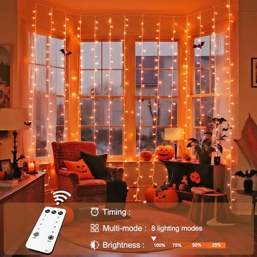 JMEXSUSS 300LED Orange Halloween Lights with Remote, 9.8x9.8ft Halloween Curtain Light, 8 Modes Orange Hanging String Lights Plug in for Fall Bedroom Thanksgiving Window Party Indoor Outdoor Decor - color: Orange, size: 300 LED