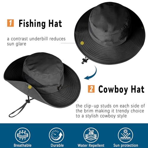 ZOORON Sun Hats for Men Women, Wide Brim Safari Hats UV Protection UPF50+ Waterproof Boonie Hats for Fishing Hiking Camping - color: 2pack-black+light Gray
