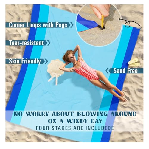 Beach Blanket Waterproof Sandproof Beach Mat 79" X 82" 'for 1-8 Adults Quick Drying Outdoor Picnic Mat Beach Accessories for Travel, Camping-Blue 3 - color: Blue-2